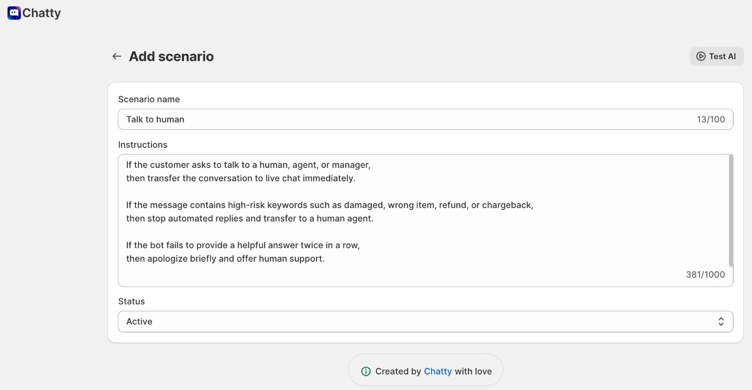 Chatty AI scenario setup showing rules for transferring conversations to a human agent based on keywords, failed responses, or customer requests