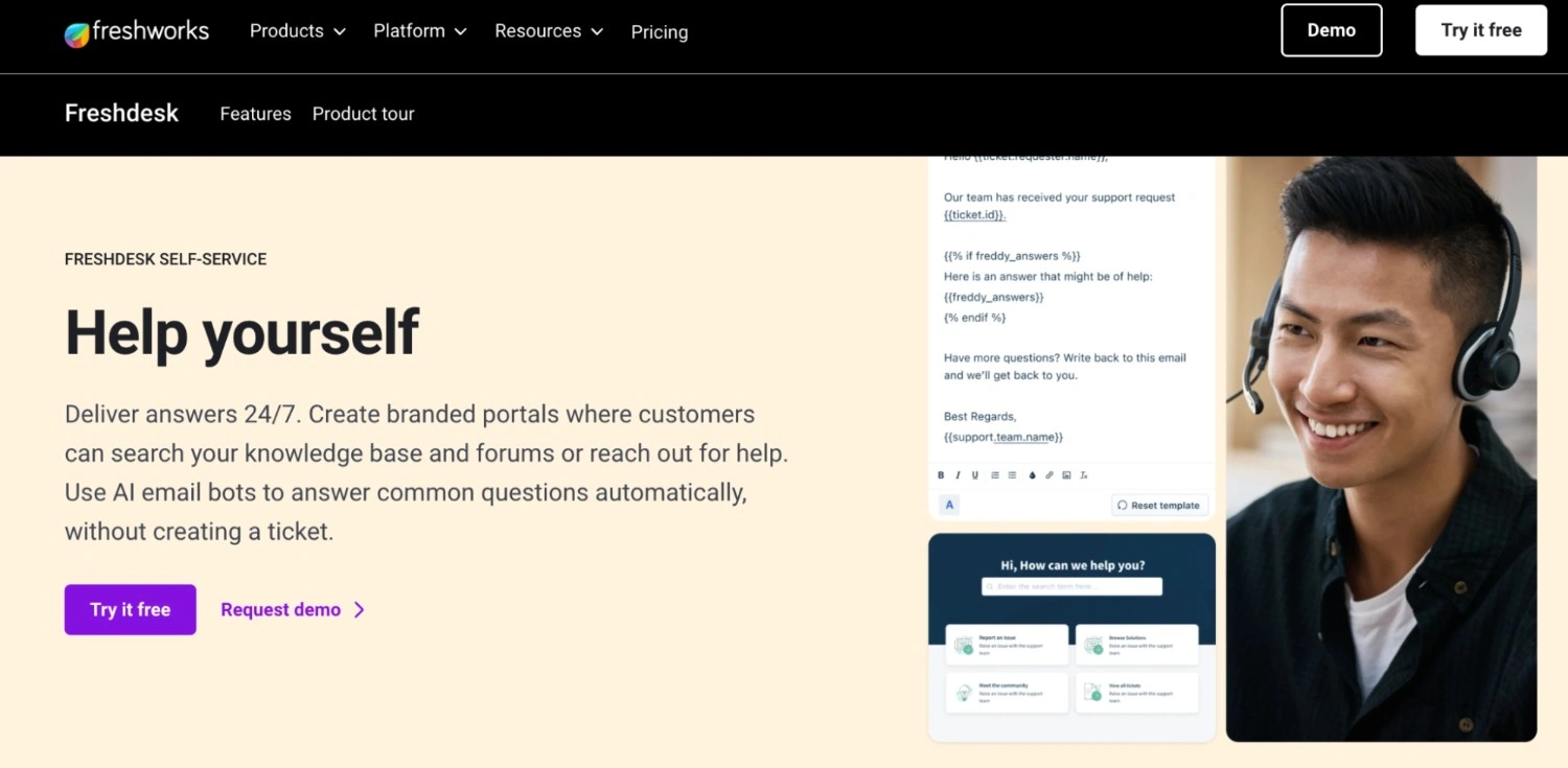 Example of a Freshdesk self-service help center where customers can search the knowledge base, access forums, and receive automated answers without creating support tickets