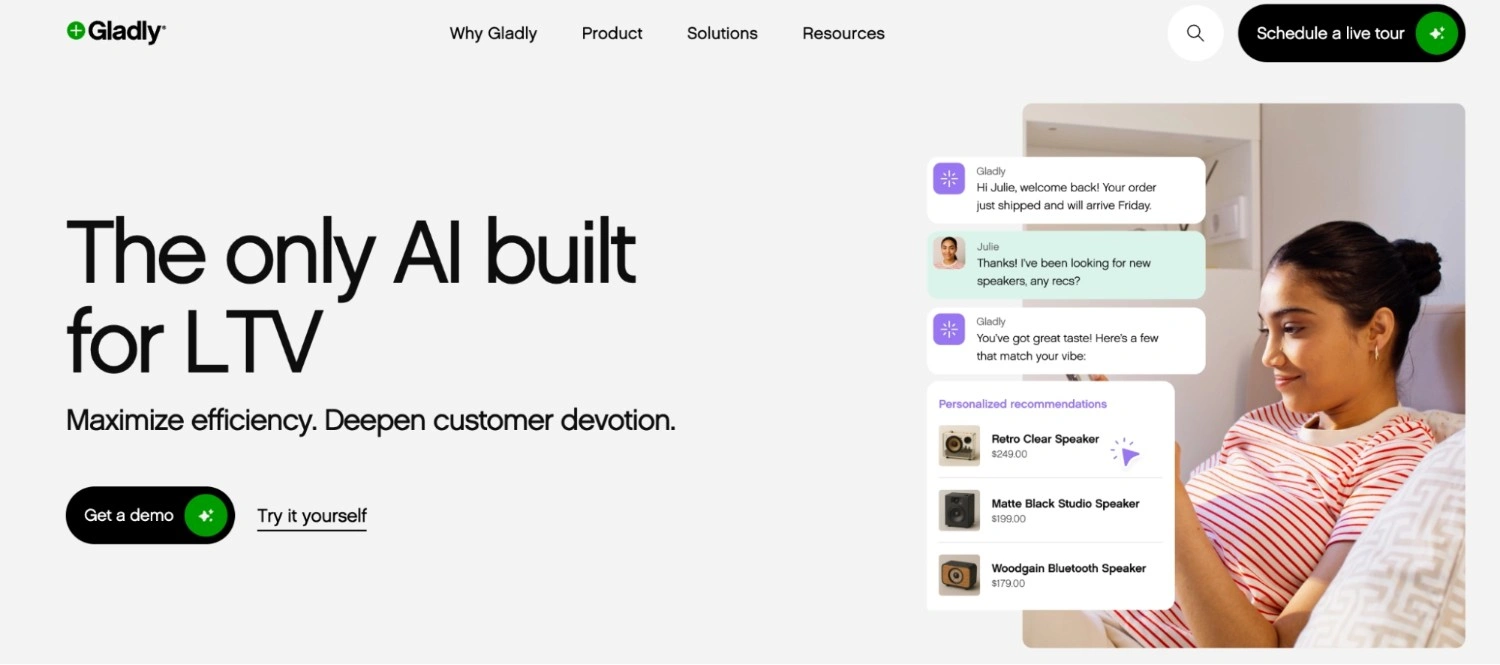 Example of an AI-powered B2C self-service experience by Gladly, showing personalized conversations, order updates, and product recommendations within a single customer thread