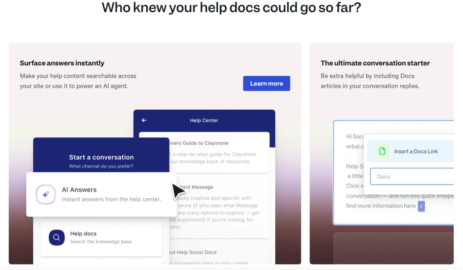 Help Scout Docs interface demonstrating AI-powered knowledge base search that surfaces instant answers and embeds documentation directly into customer conversations