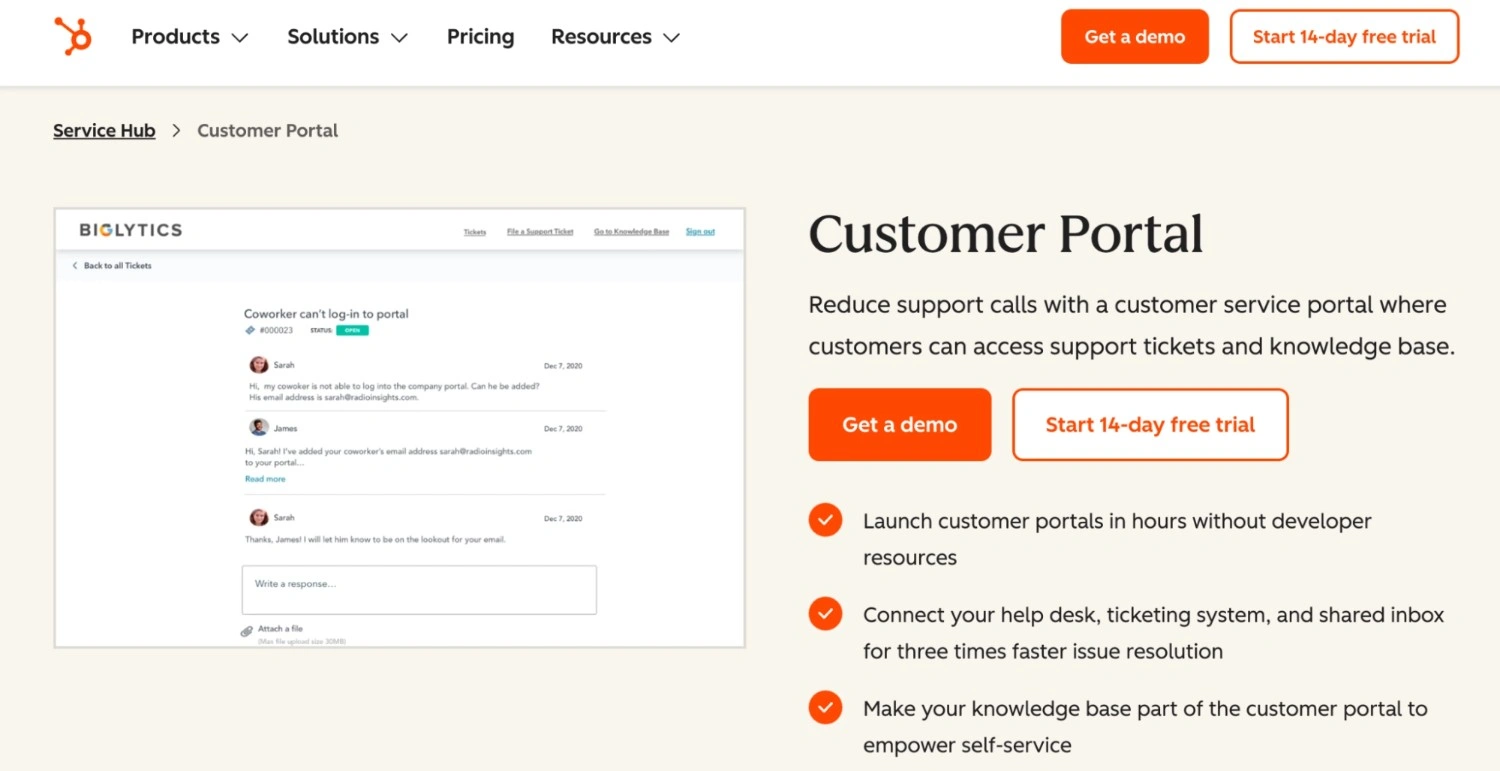 HubSpot customer portal example illustrating how customers can view support tickets, track case status, and access knowledge base articles in one centralized portal