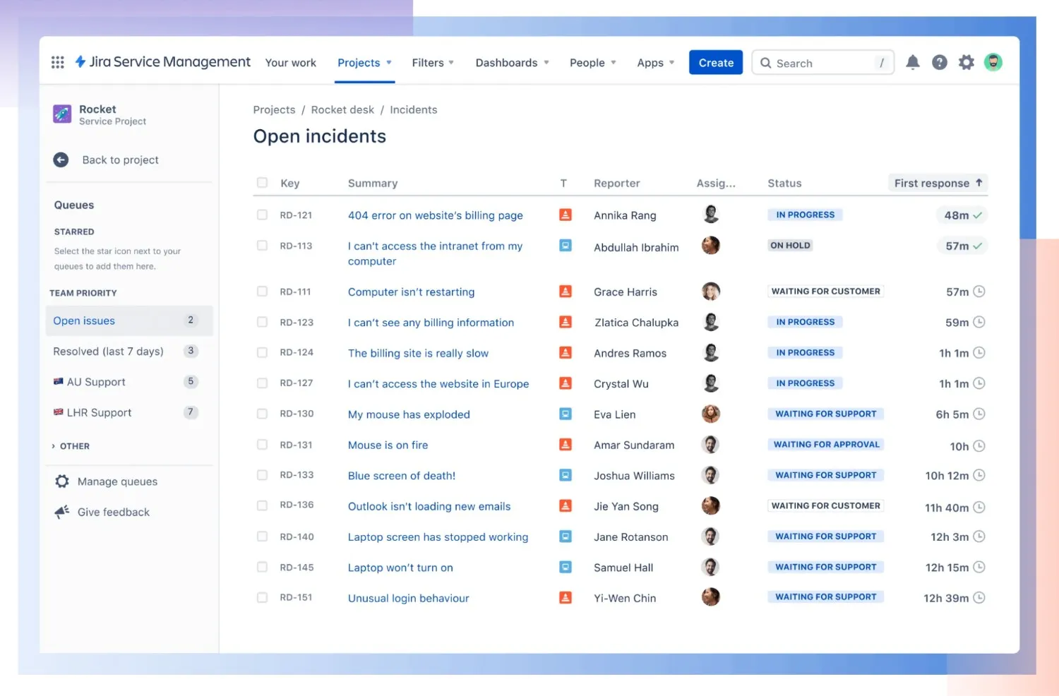 Example of Jira Service Management showing enterprise help desk incident queues with open issues, ticket statuses, assignees, and response-time tracking