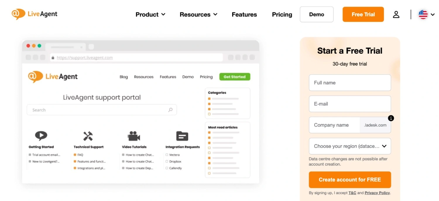 LiveAgent customer support portal featuring a searchable knowledge base, categorized help articles, and self-service resources for technical and account support