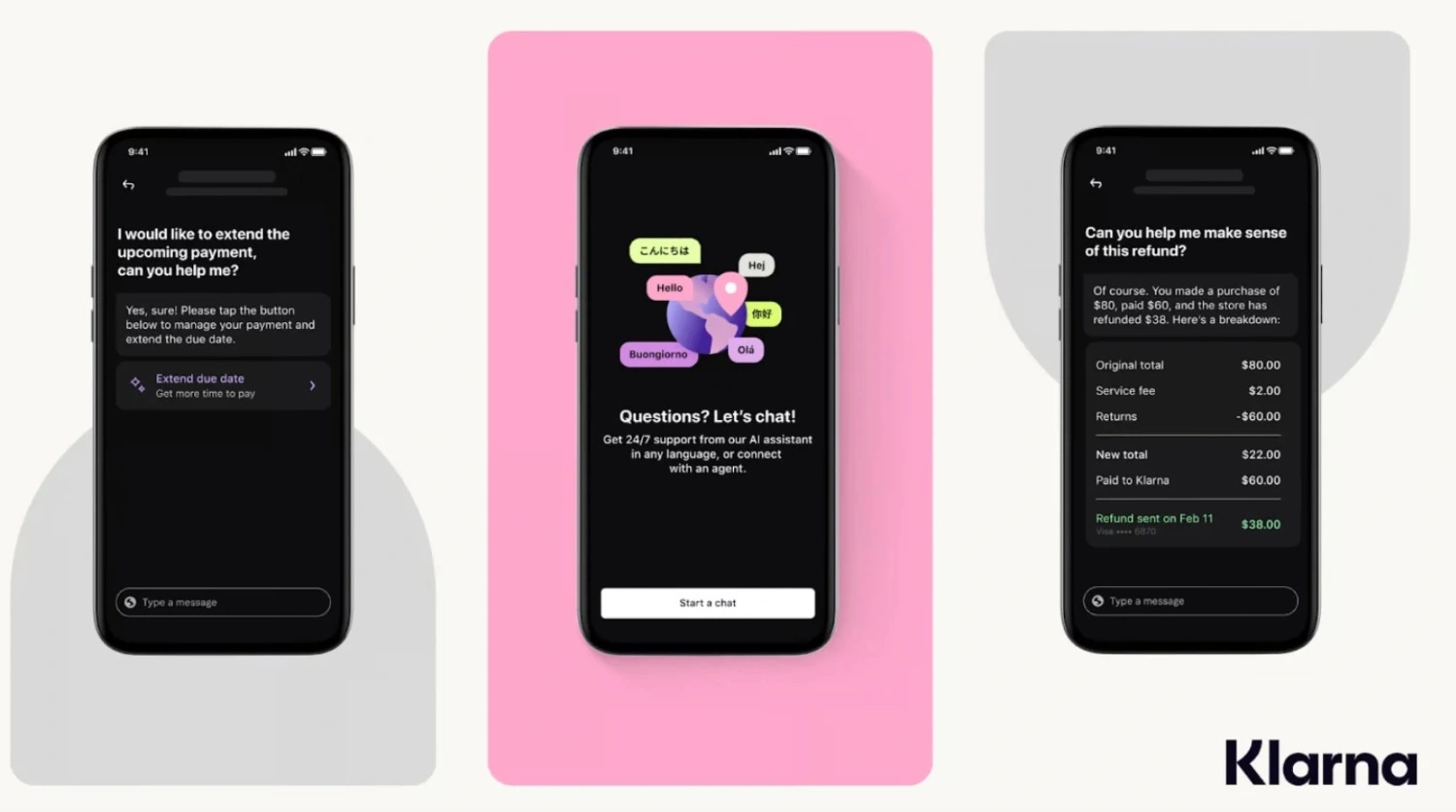 Fintech customer support chatbot interface assisting users with payments, refunds, multilingual support, and account-related inquiries