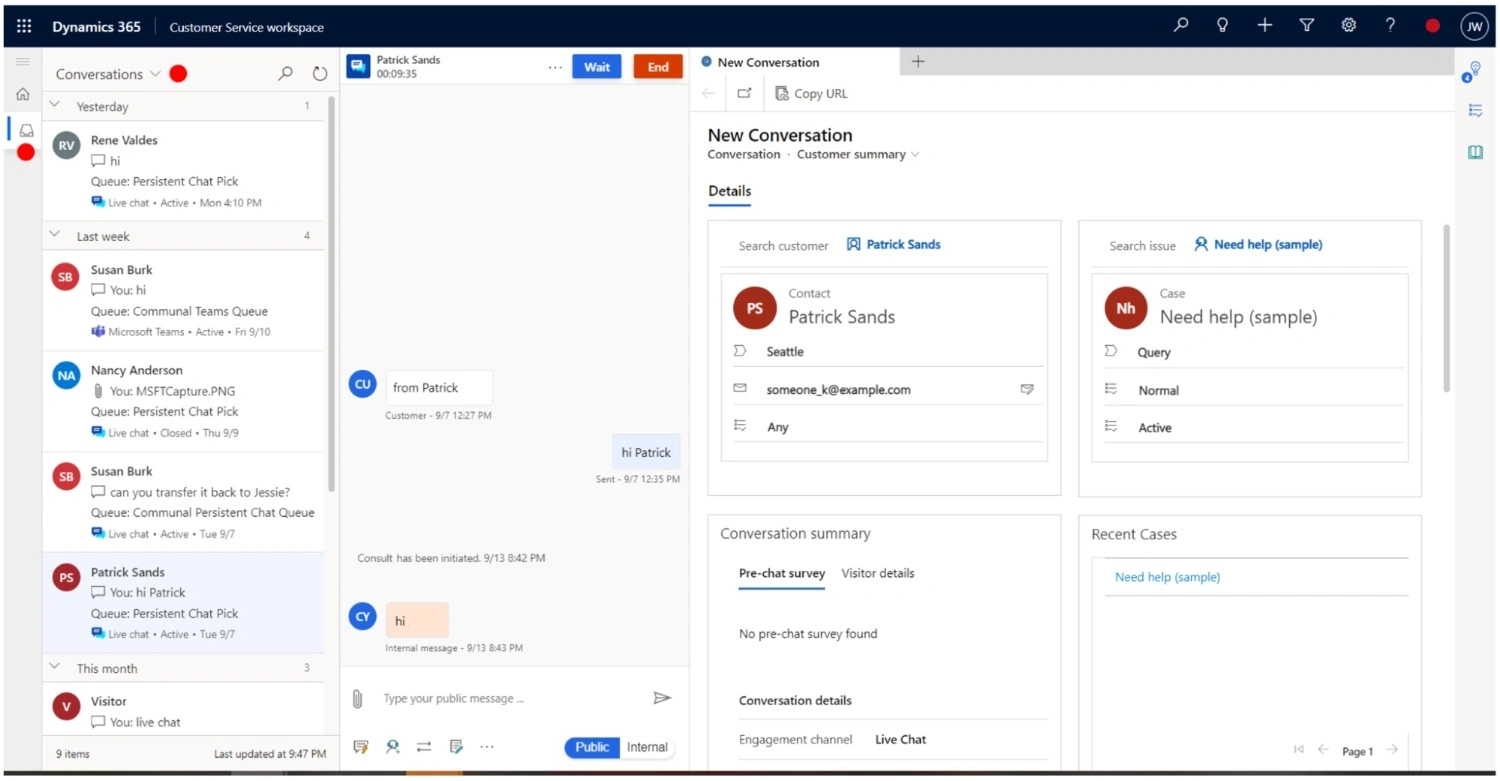 Microsoft Dynamics 365 omnichannel customer service workspace displaying live chat conversations, customer profiles, case details, and unified agent view