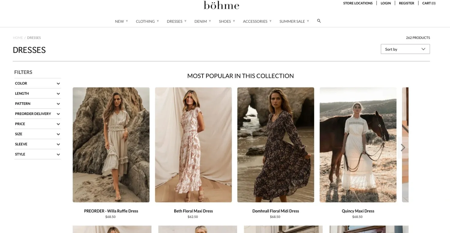 Product category listing page where 
