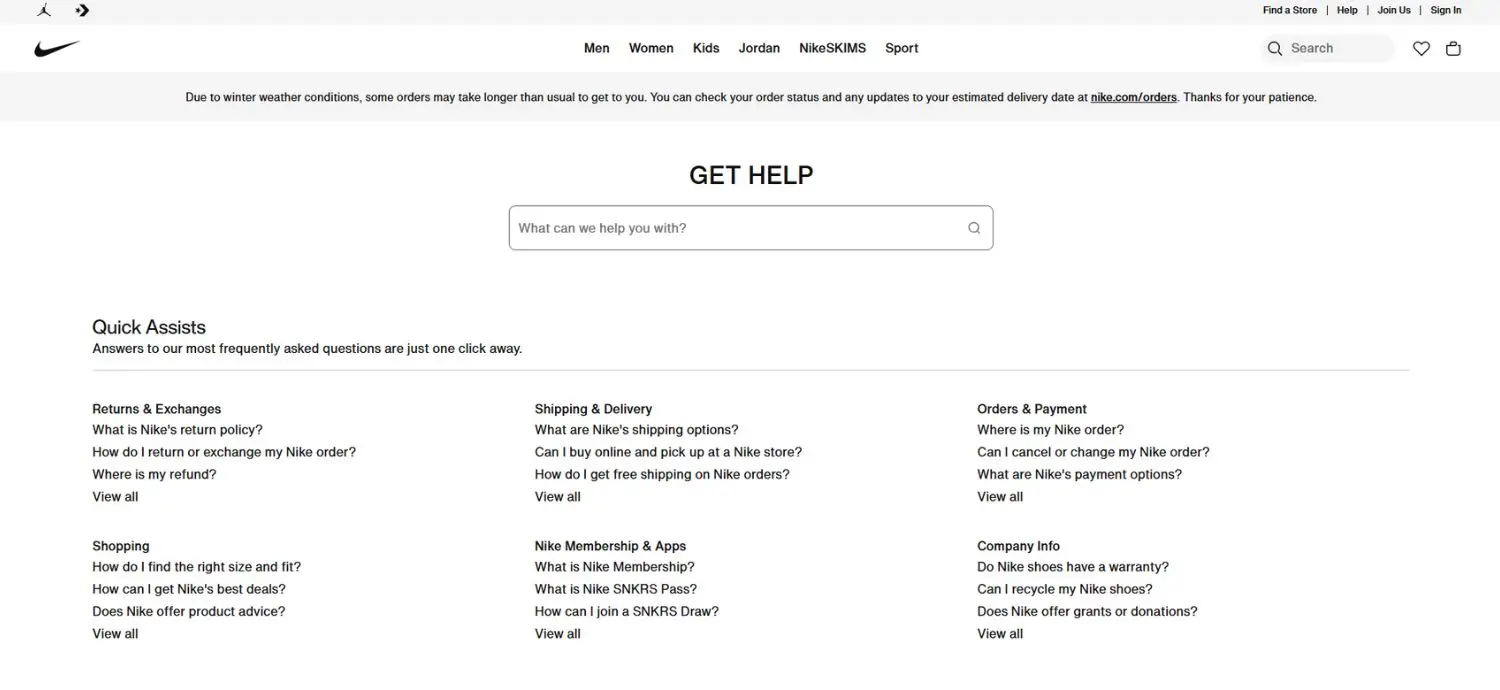 Nike FAQs page interface