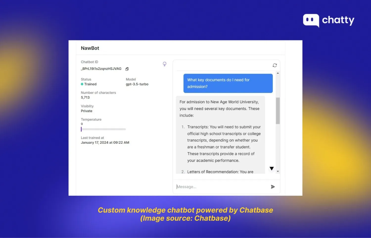 Dashboard of a no-code platform used to build and manage custom LLM chatbots with training data, configuration settings, and live preview