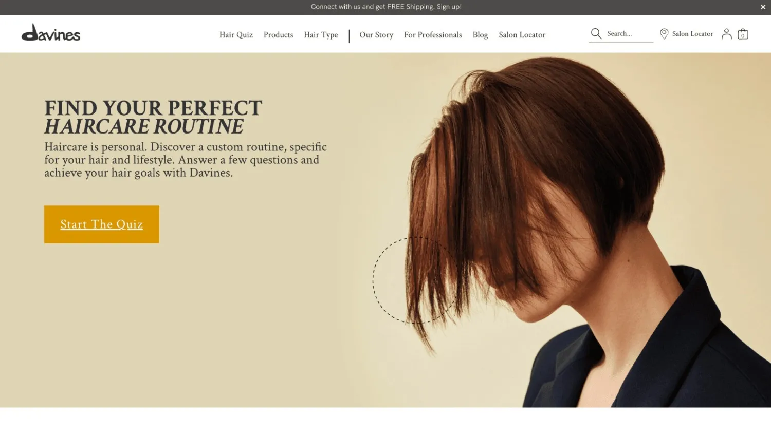 Homepage hero section promoting a quiz-based product recommendation flow, inviting users to answer questions in order to receive a personalized routine tailored to their individual needs