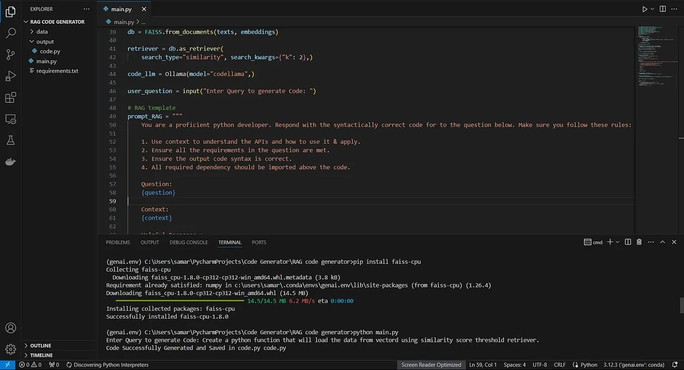 RAG-based LLM chatbot implementation using FAISS and Python, displaying vector search, retrieval logic, and code generation workflow