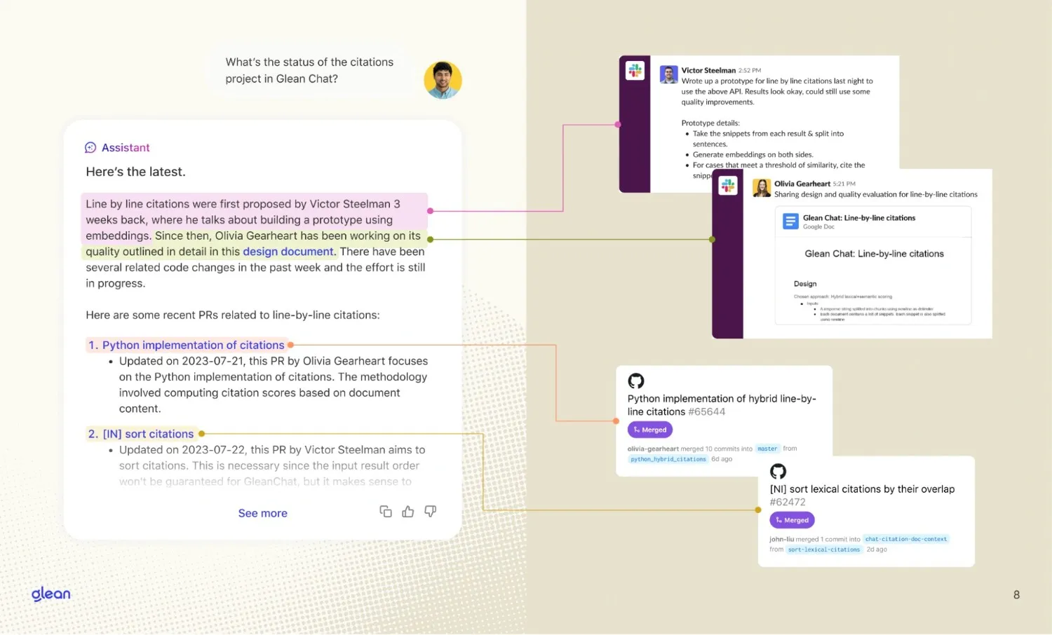 B2B SaaS LLM chatbot used for internal knowledge search, showing line-by-line citations that link chatbot answers to source documents, pull requests, Slack messages, and design files for traceable responses