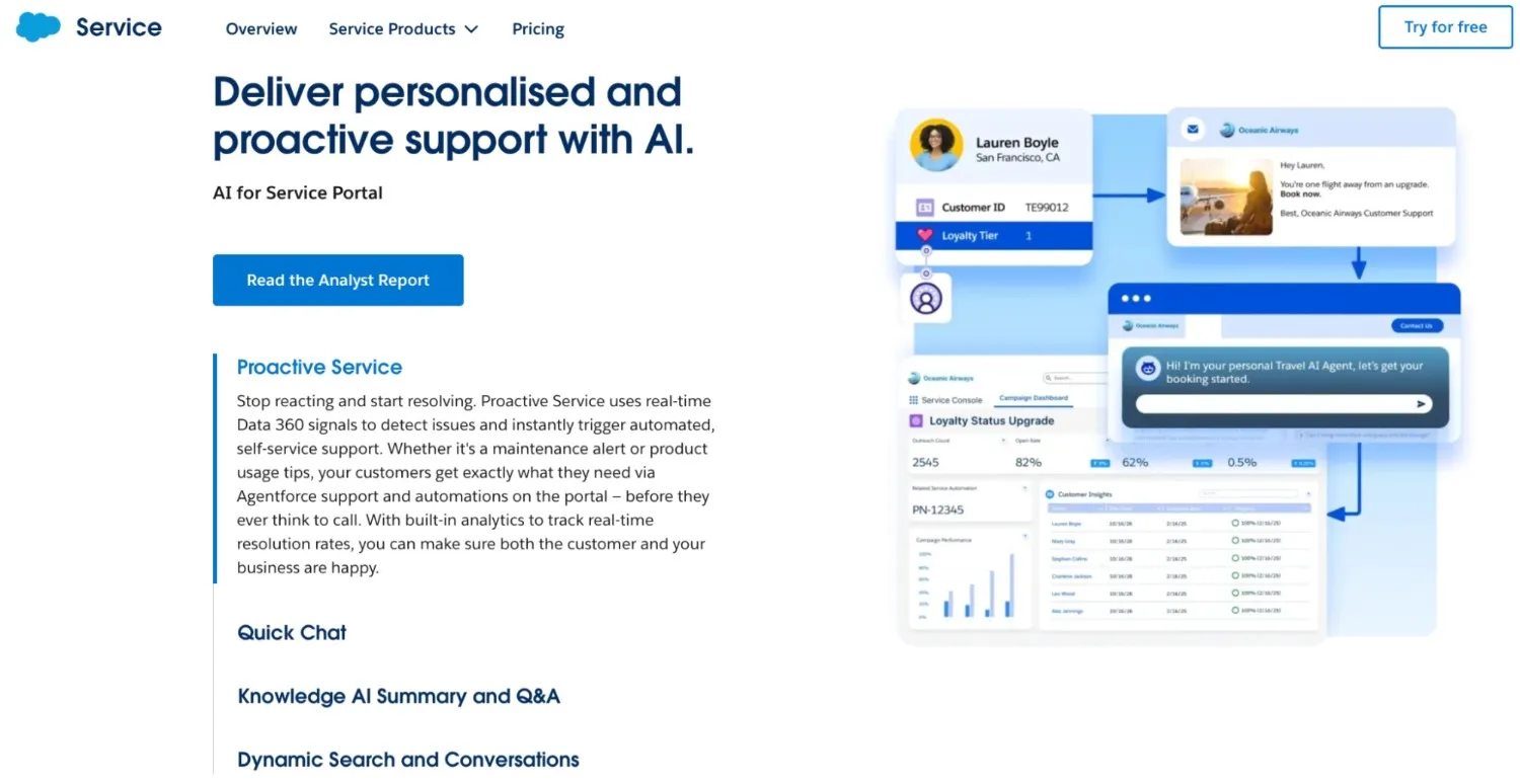 Salesforce AI-powered customer service portal showing personalized support, proactive notifications, customer profile data, chat interface, and analytics dashboard