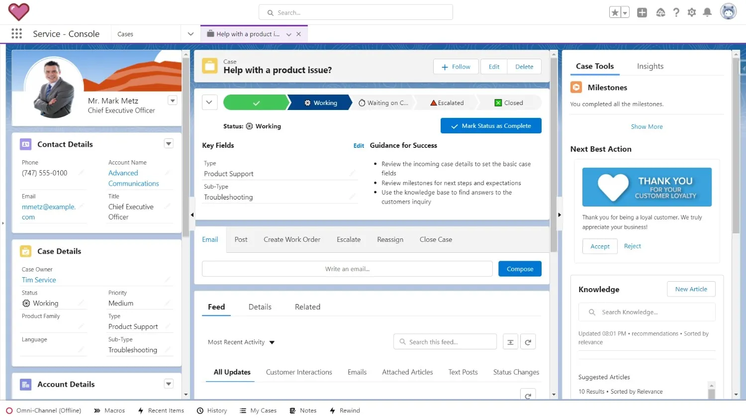 Salesforce Service Cloud enterprise case management interface showing case status, customer details, milestones, recommended actions, and integrated knowledge articles
