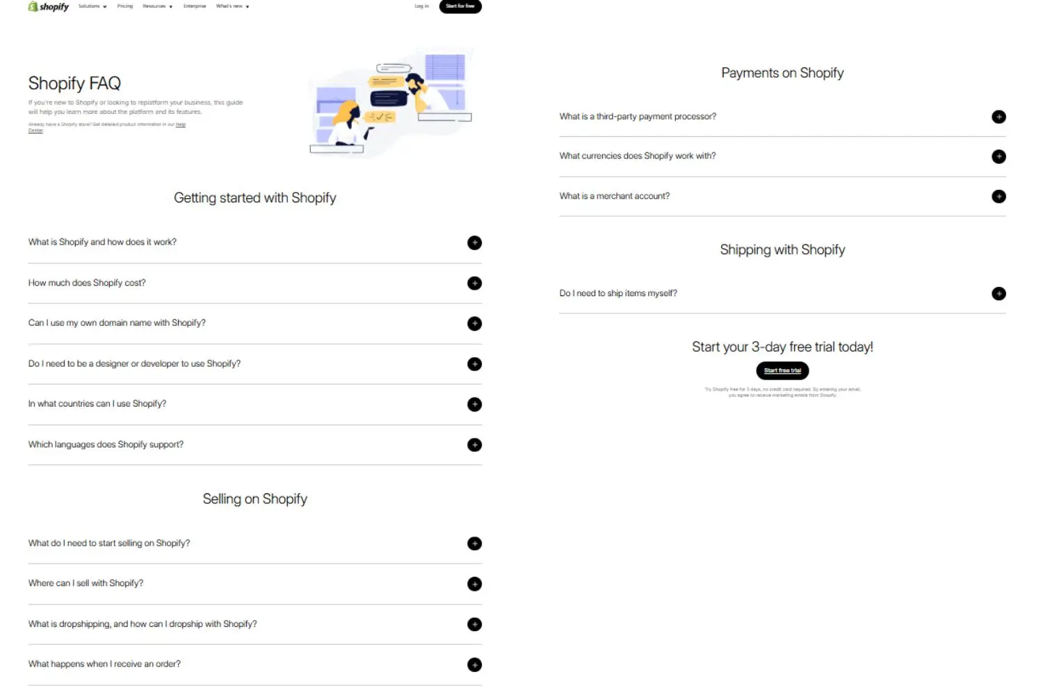 Shopify FAQs page interface