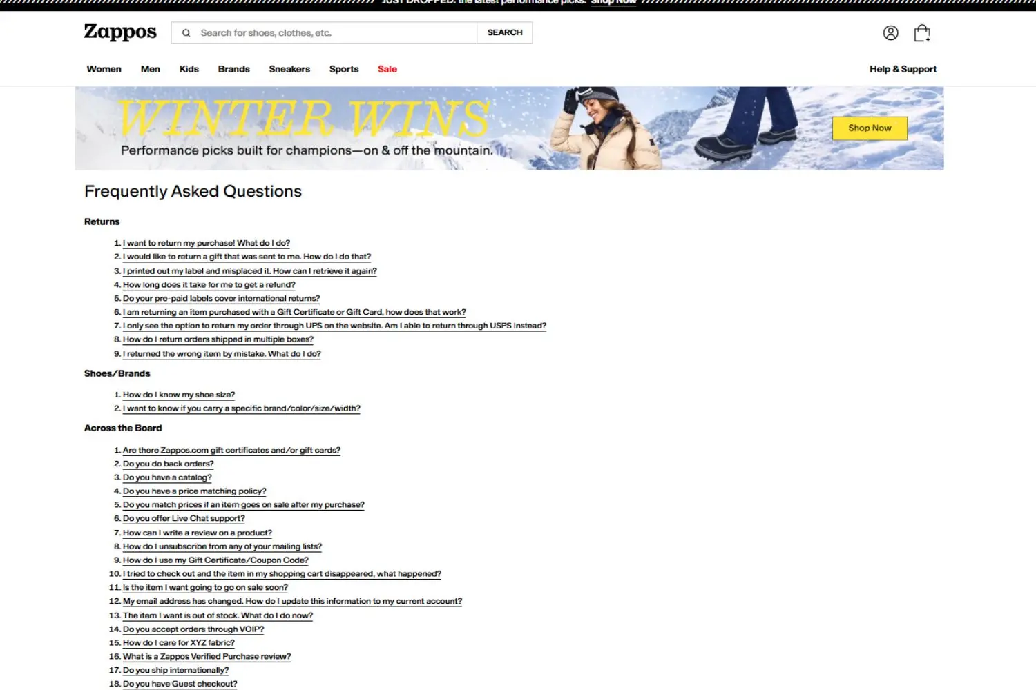 Zappos FAQs page interface