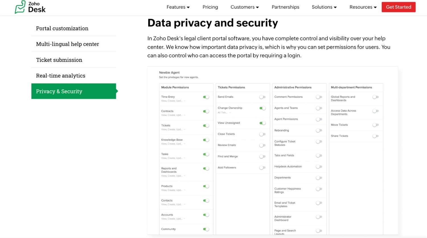 Zoho Desk customer portal privacy and security settings with role-based permissions, ticket access controls, and module-level configuration