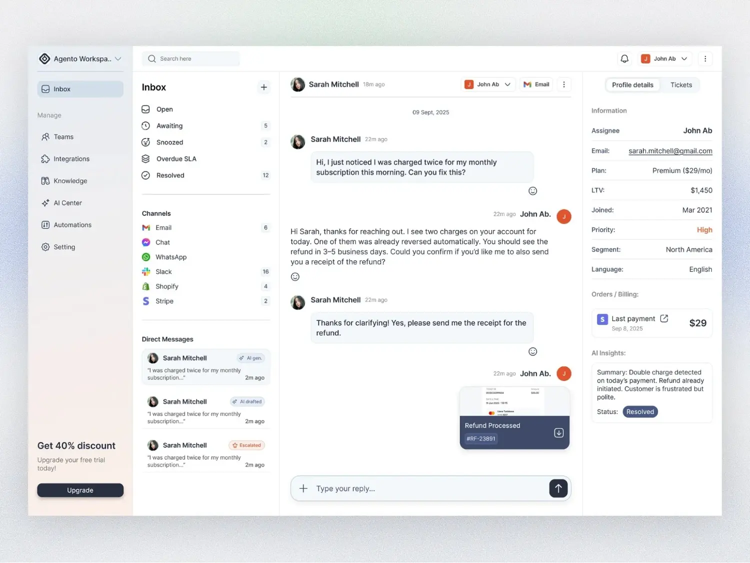 An AI-powered customer support workspace showing a conversation about a double charge, automated insights, customer details, and a processed refund confirmation