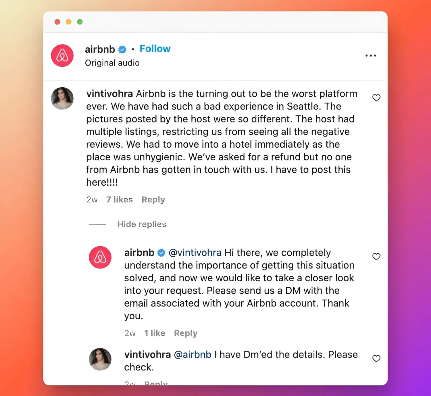 An Airbnb Instagram comment exchange where a customer shares a negative experience and the brand responds publicly before moving the conversation to direct messages