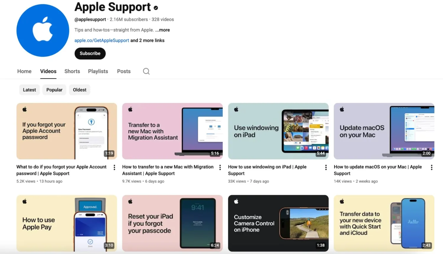 The Apple Support YouTube channel page displays tutorial videos that help customers solve common product issues through self-service content