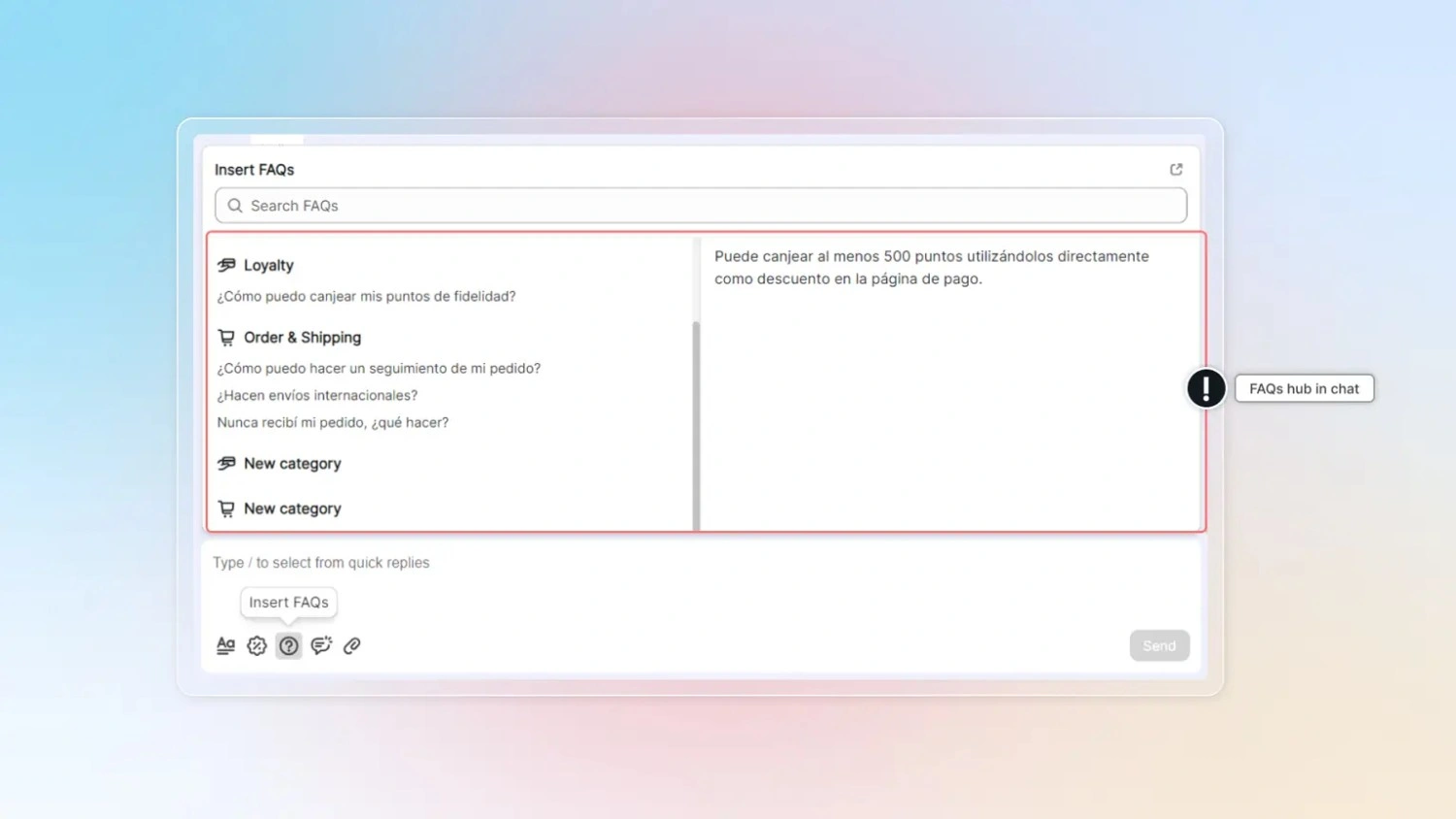 Support chat interface showing how agents insert FAQ answers