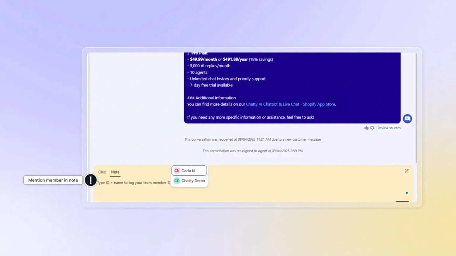 Internal note feature for agent coaching during live chats