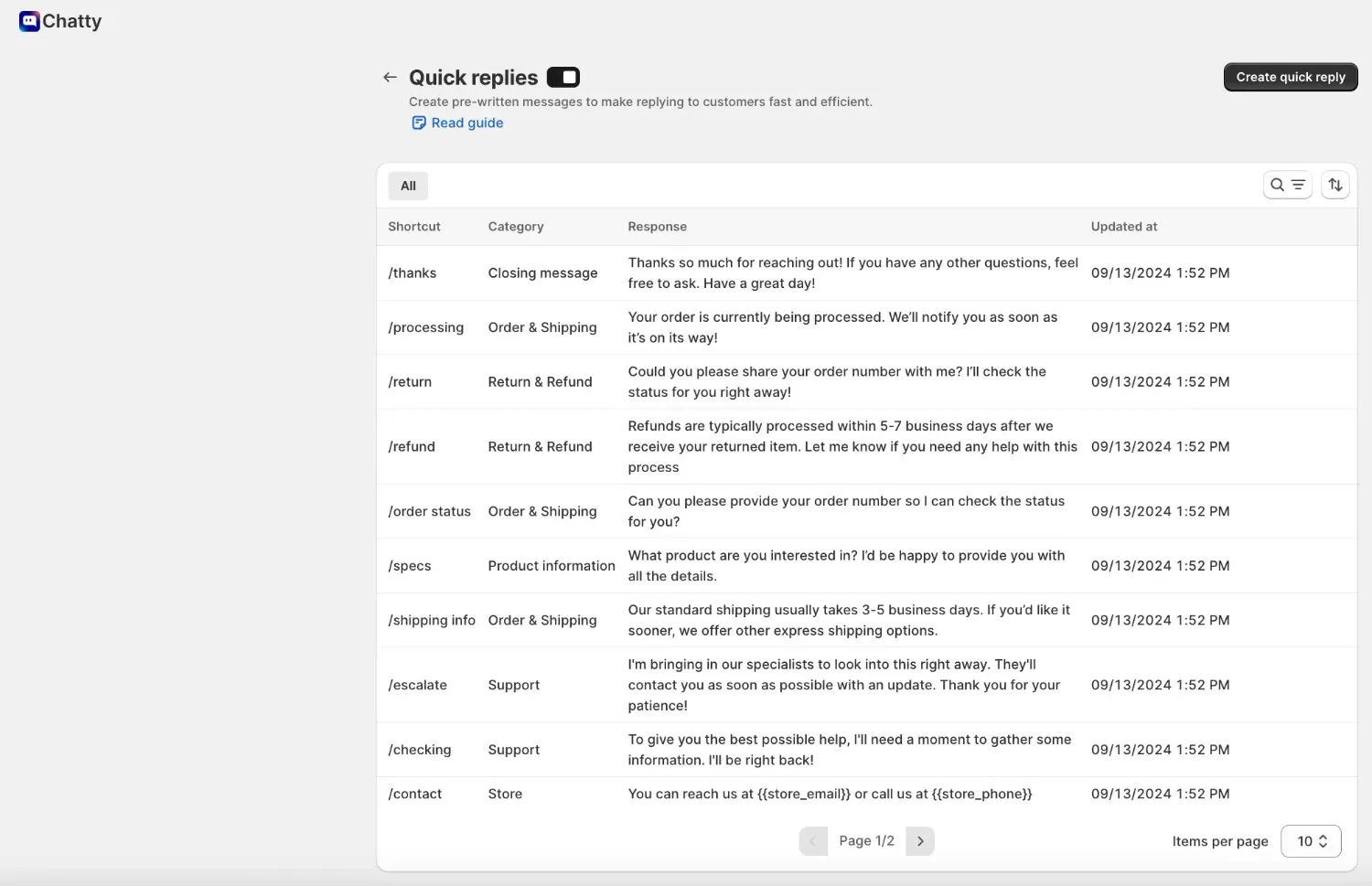 Chatty quick replies library for canned responses management