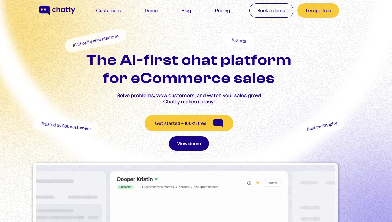 Chatty turns 24/7 customer support into 24/7 sales for e-commerce by assisting shoppers, answering questions, and driving conversions around the clock