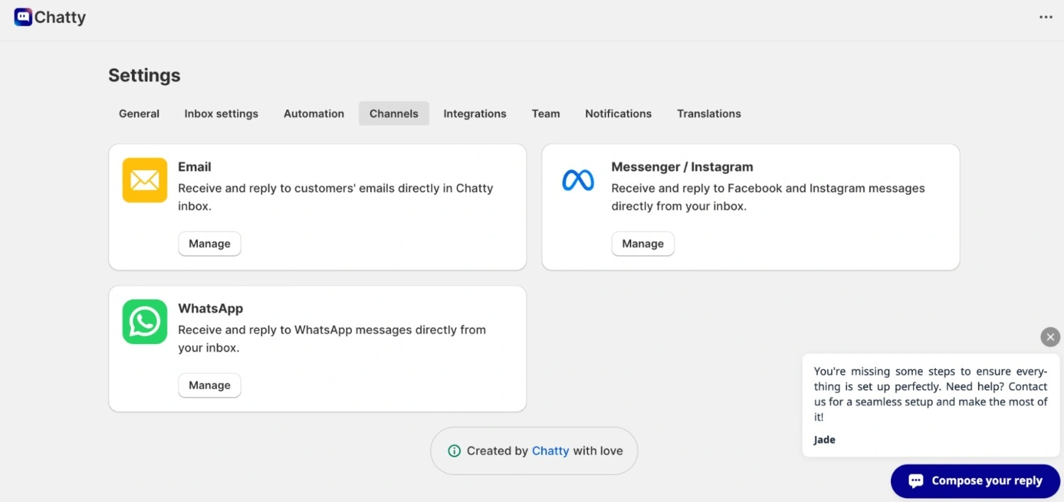 A settings dashboard of Chatty showing multiple support channels such as email, Messenger, Instagram, and WhatsApp connected into a centralized inbox system