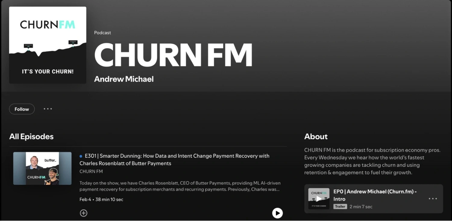 Spotify podcast page for Churn FM by Andrew Michael, showing subscription retention and churn strategy episodes focused on recurring revenue and payment recovery