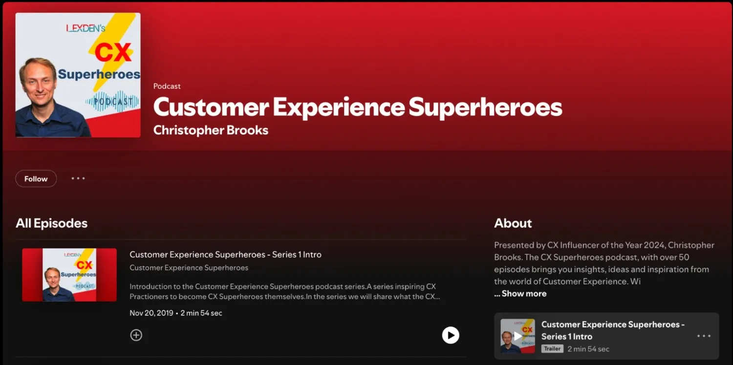 Podcast cover and episode list for Customer Experience Superheroes by Christopher Brooks, highlighting CX transformation stories and customer experience leadership insights
