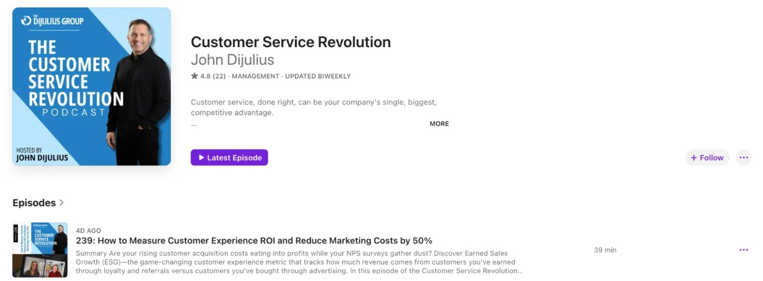 Customer Service Revolution podcast page featuring John DiJulius with episodes about service culture, customer service standards, and competitive advantage