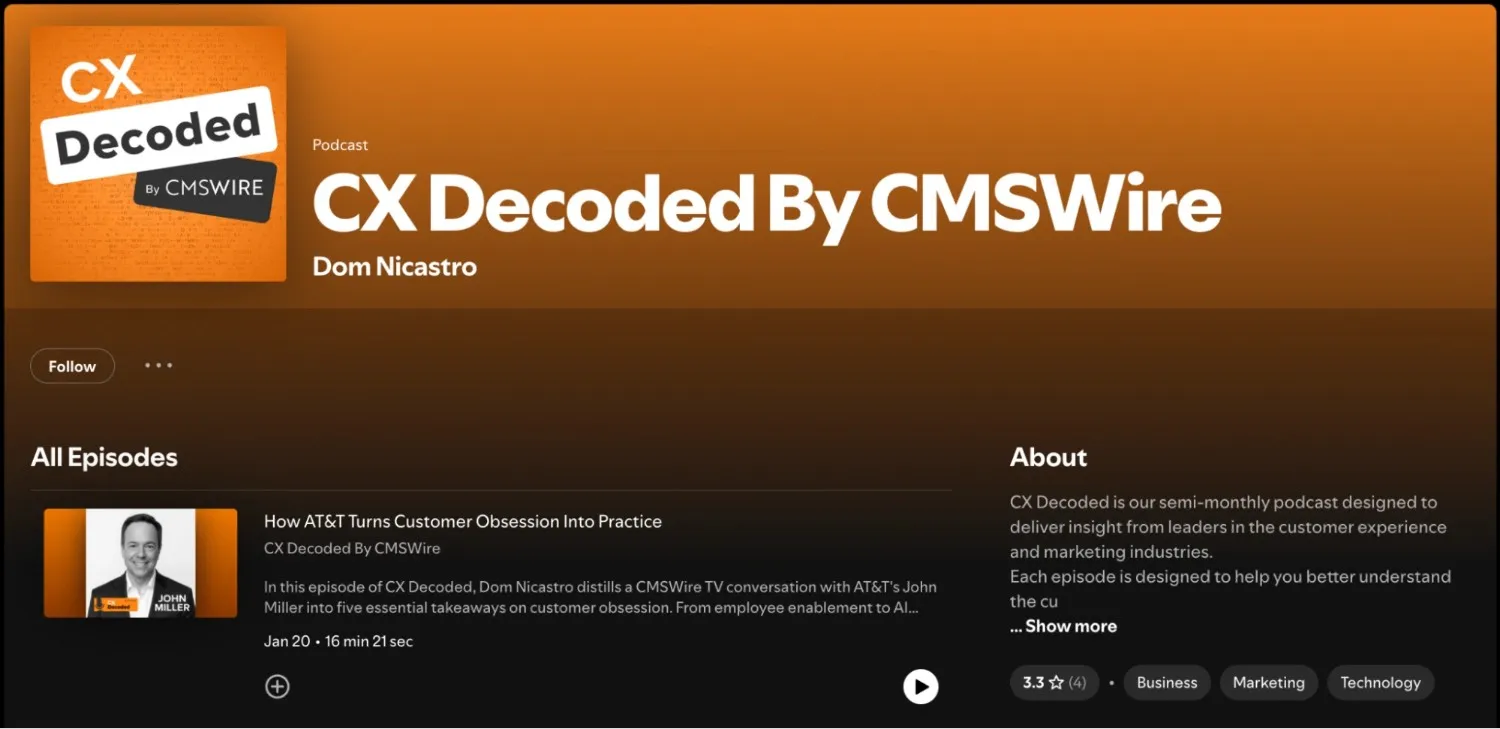 CX Decoded by CMSWire podcast page with Dom Nicastro discussing customer experience, technology, marketing trends, and digital transformation topics