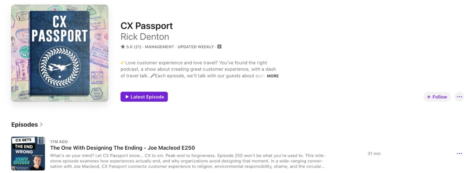 CX Passport podcast page by Rick Denton, focused on global customer experience leadership travel-inspired CX conversations, and executive interviews