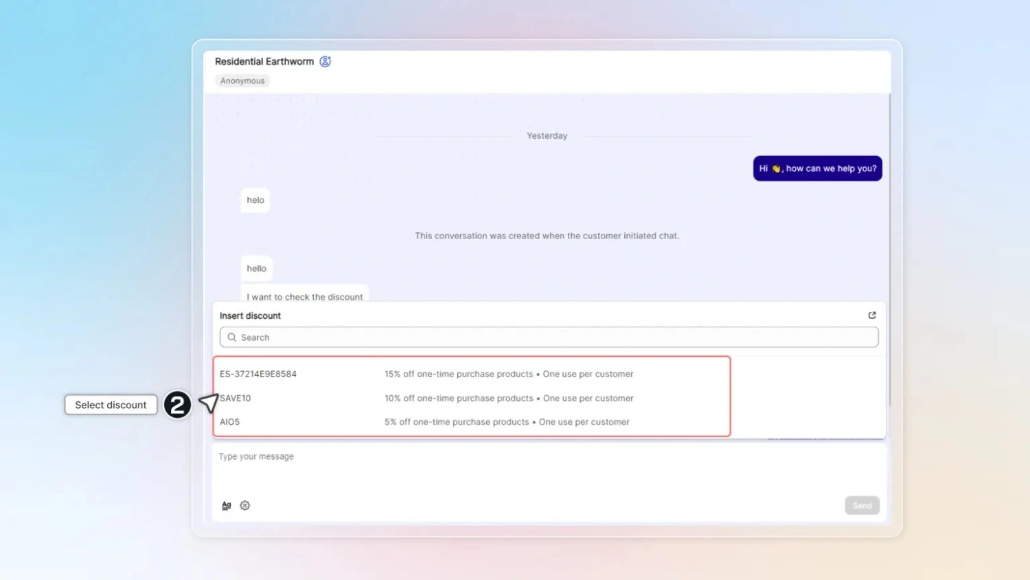Live chat interface for inserting discount codes using canned responses