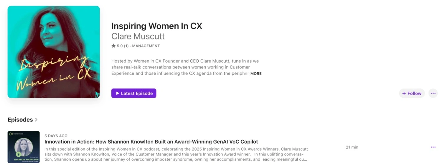 Inspiring Women in CX podcast page by Clare Muscutt, highlighting women leaders in customer experience innovation, inclusion, and leadership stories