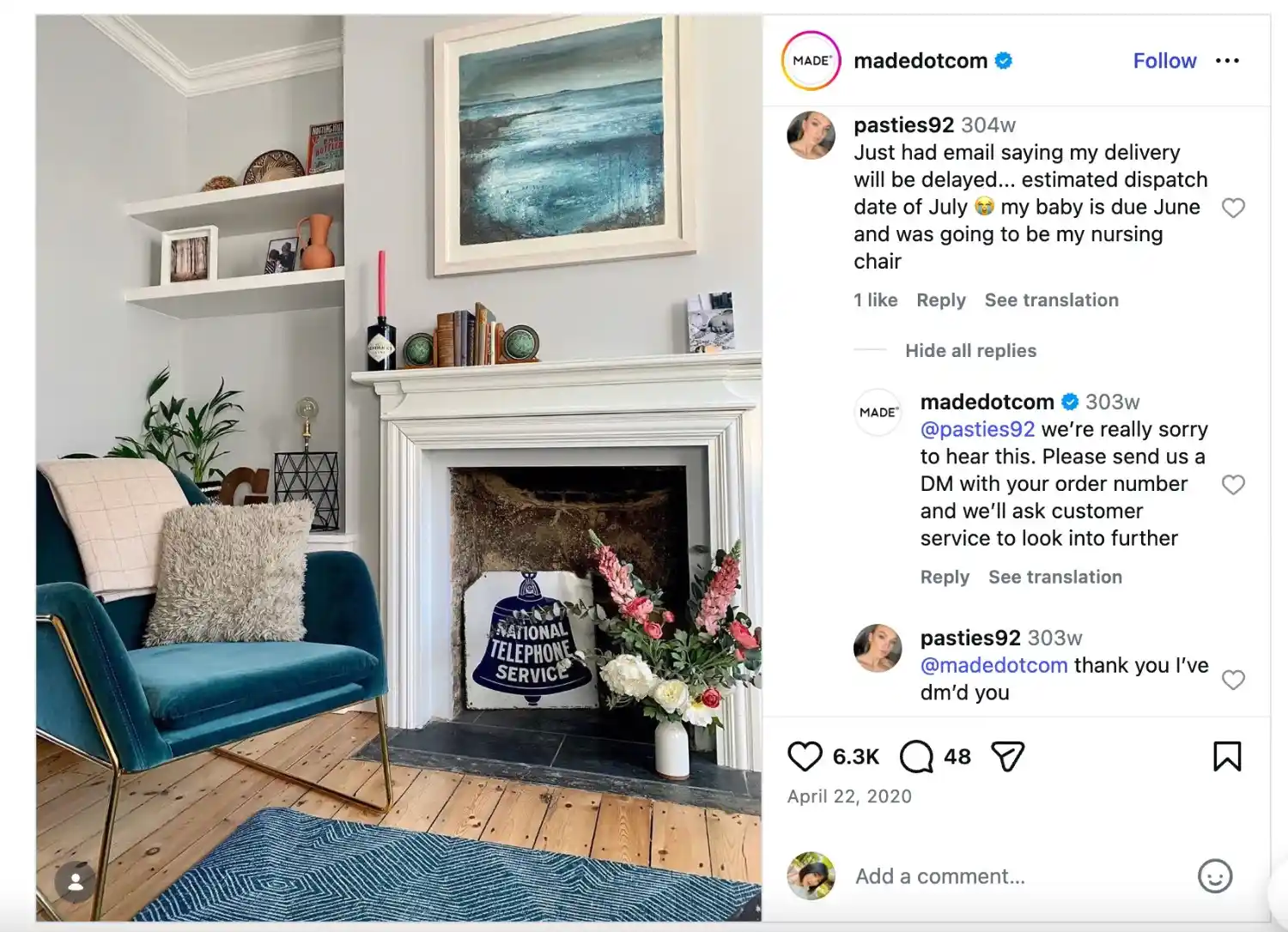 An Instagram post showing a customer publicly complaining about a delayed order and the brand responding with empathy and directing the user to direct messages