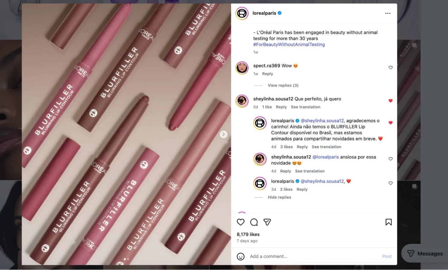 An Instagram comment thread where a global beauty brand replies in Portuguese to a customer, demonstrating multilingual social media support