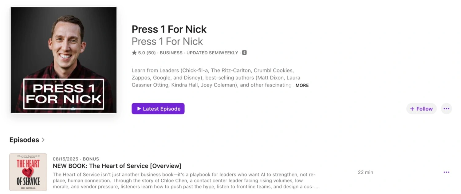 Press 1 For Nick podcast page featuring Nick Glimsdahl, focused on contact center leadership, service excellence, and customer experience best practices