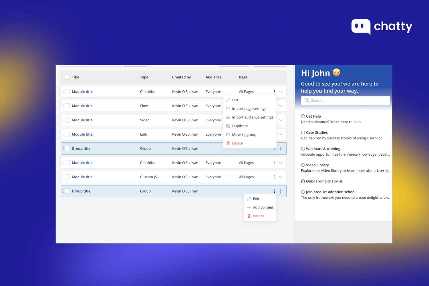 Proactive customer support and onboarding interface showing modular content management alongside a self-service help center