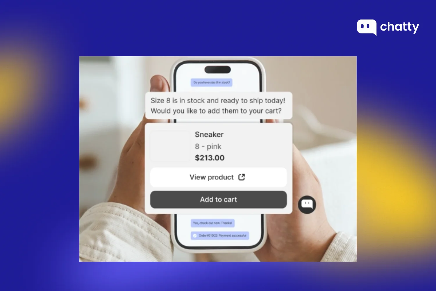 An example of conversational commerce where a chatbot confirms product availability, shows price details, and enables a customer to add an item to the cart directly within the chat.