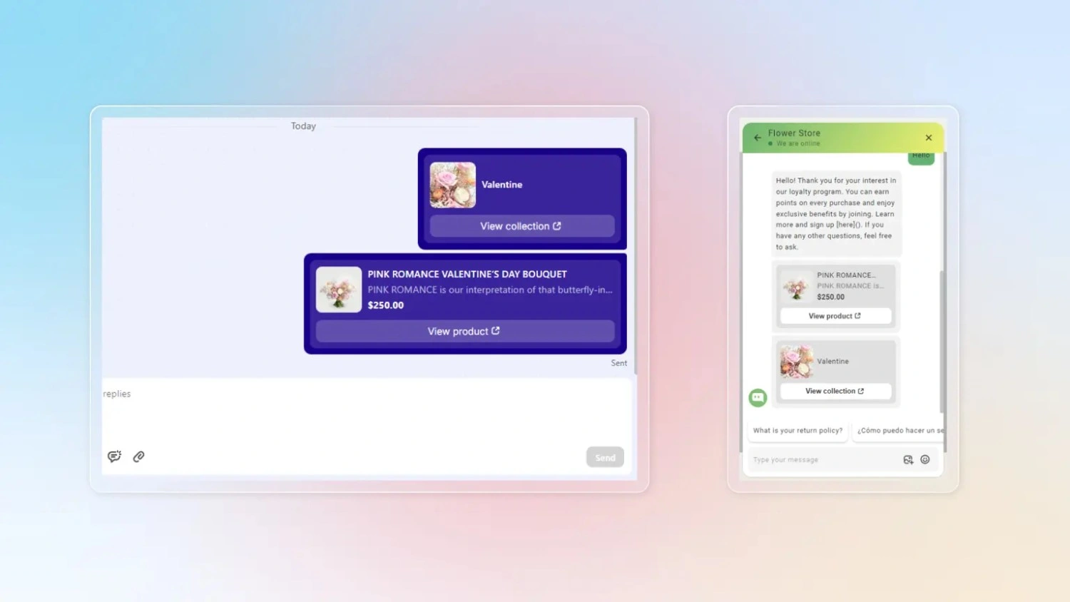 Chat conversation showing product sharing with canned responses