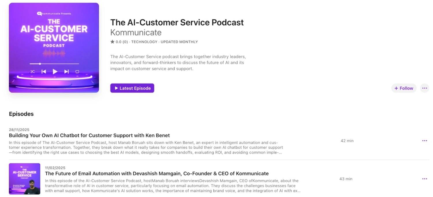 The AI Customer Service Podcast page by Kommunicate showcases episodes about practical AI implementation, chatbots, and automation for customer support teams
