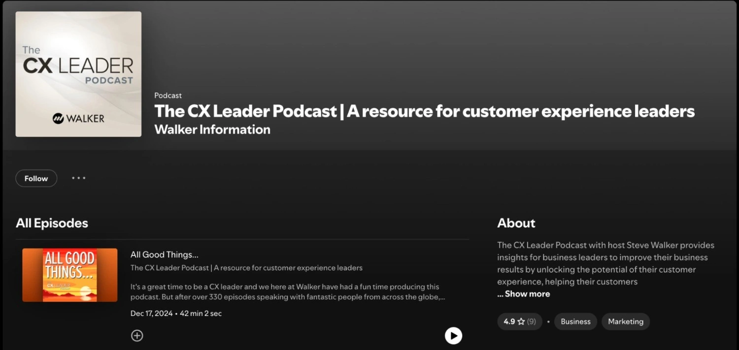 The CX Leader Podcast page by Walker Information, highlighting customer experience programs, CX governance, and leadership insights for enterprise teams