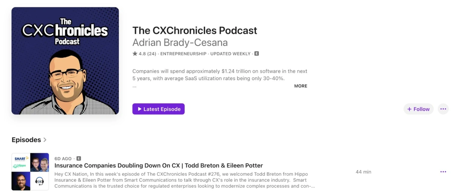 The CX Chronicles Podcast page hosted by Adrian Brady Cesana, focusing on CX operations, systems thinking, SaaS adoption, and enterprise customer experience