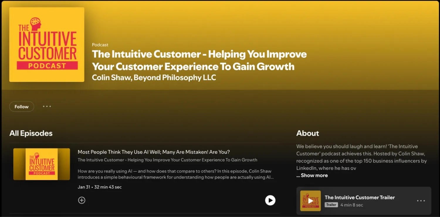 The Intuitive Customer podcast page by Colin Shaw focused on customer psychology, behavioral science, and improving customer experience to drive business growth