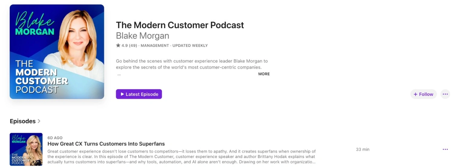 The Modern Customer Podcast page hosted by Blake Morgan featuring CX strategy, AI customer-centric leadership, and stories from modern enterprises