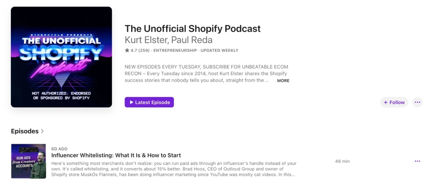 The Unofficial Shopify Podcast page by Kurt Elster and Paul Reda covering ecommerce growth, retention, influencer marketing, and real Shopify merchant stories