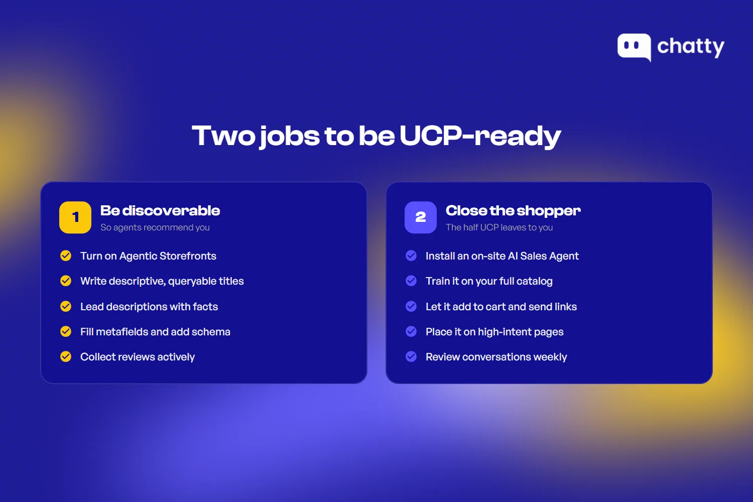 Two jobs to be UCP-ready - job one be discoverable (turn on Agentic Storefronts, write descriptive titles, lead descriptions with facts, fill metafields and schema, collect reviews) and job two close the shopper (install an on-site AI Sales Agent, train it on your catalog, let it add to cart, place it on high-intent pages, review weekly)