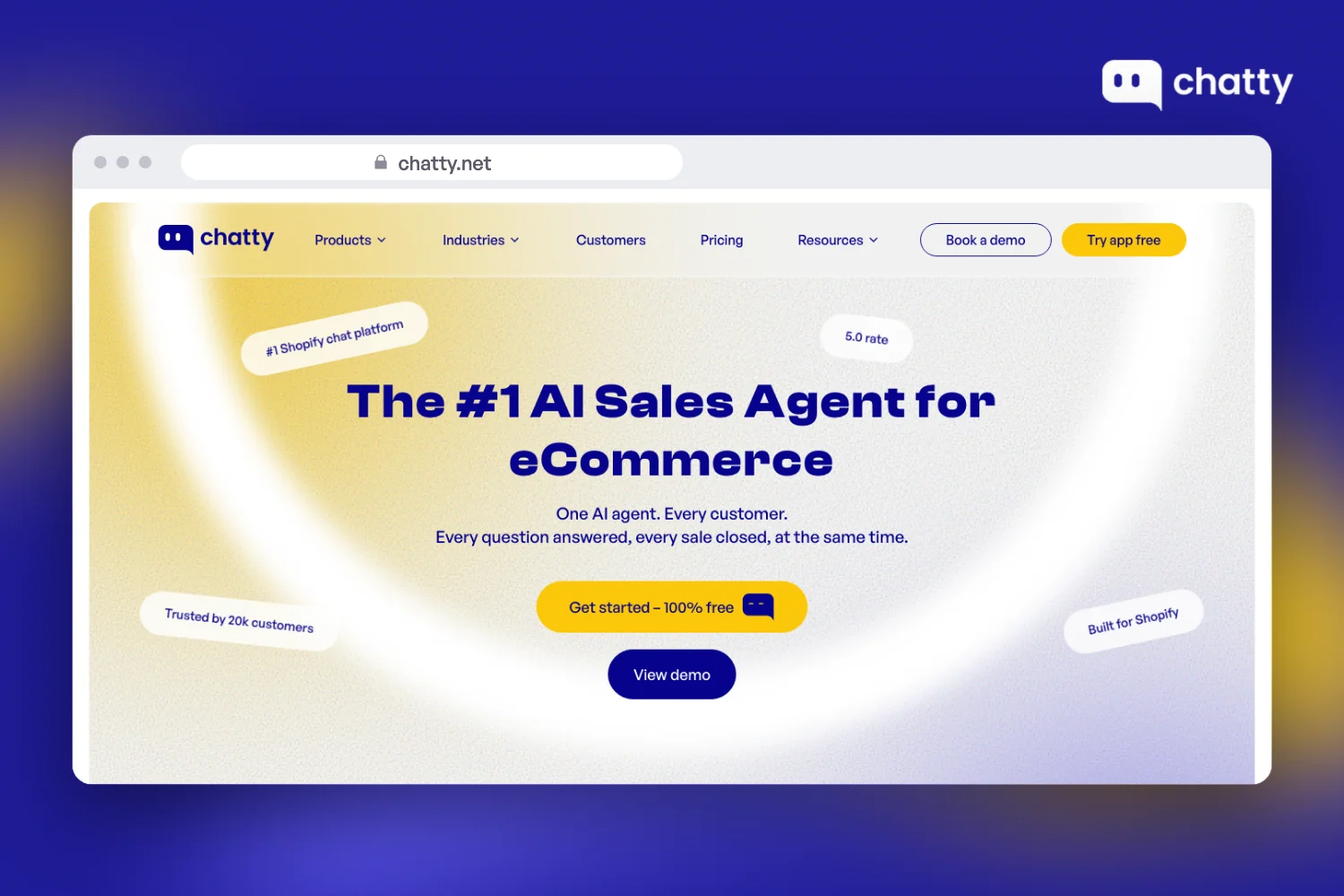 Homepage of the Chatty AI sales agent at chatty.net, built for Shopify stores