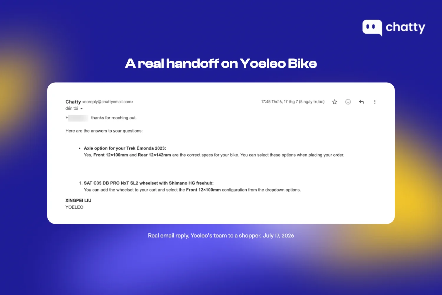 Real email reply from Yoeleo's team confirming the correct front and rear axle specs and wheelset configuration for a shopper's Trek Émonda 2023, sent after Chatty's conditional transfer mode escalated the compatibility question to a human